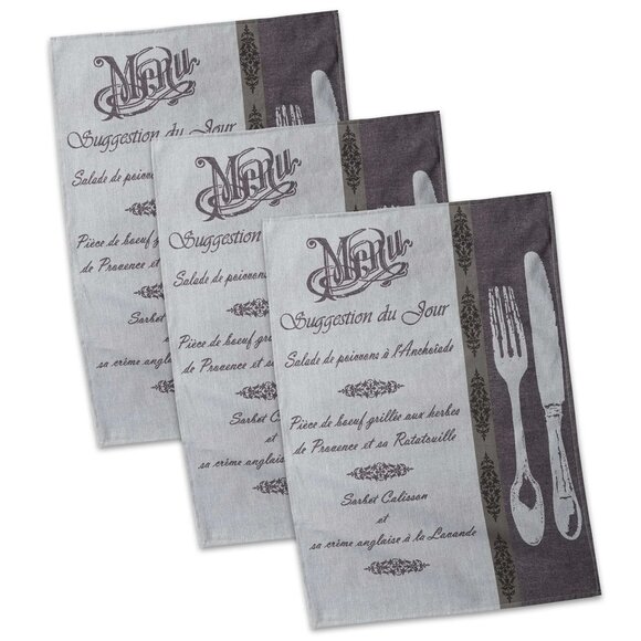 DII Modern Cotton French Menu Jacquard Dishtowels 100% Cotton 20"x28" Set of 3 - Picture 1 of 4